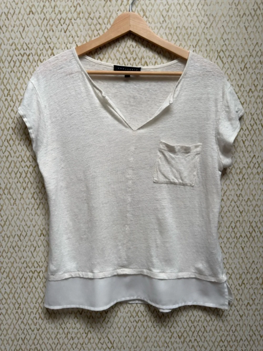 Sanctuary Linen Tee White VNeck Chiffon Hem Pocket Top Relaxed Boho L - Picture 2 of 11